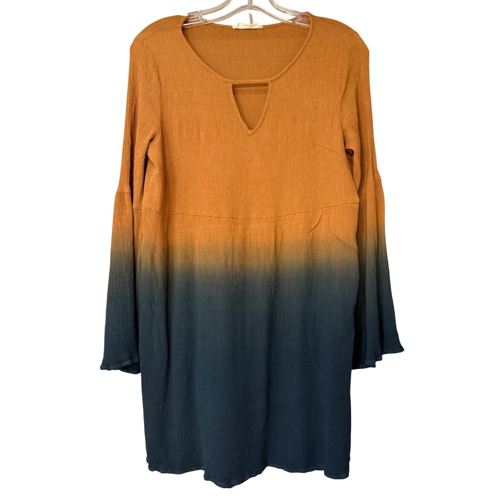 Entro Women Ombre Bell Sleeve Tunic Dress Orange Blue Keyhole Neck Small